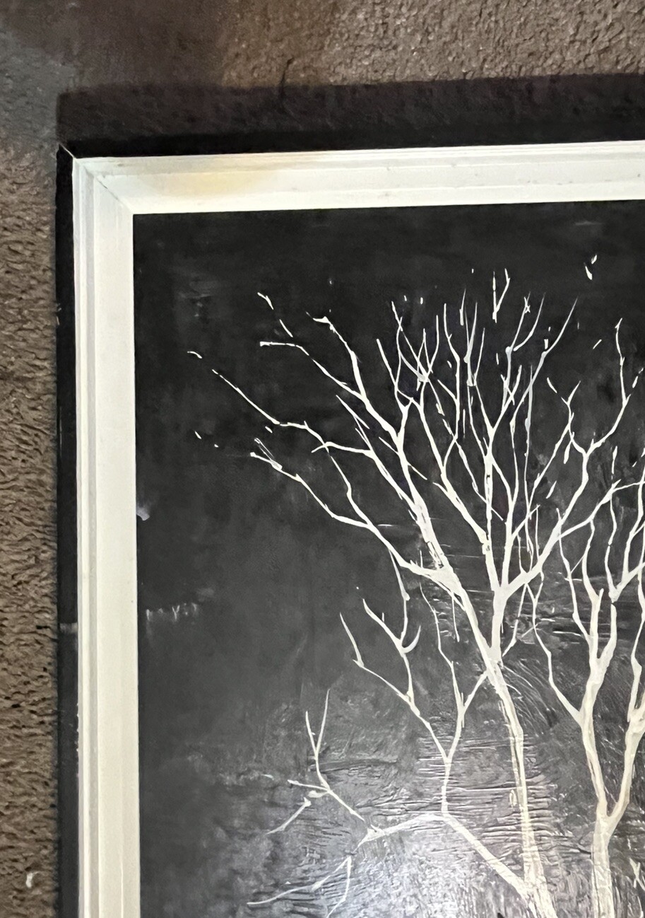 LARGE BLACK & WHITE LOG CABIN PAINTING BY C PETERSON 37 X 37” FRAMED ART