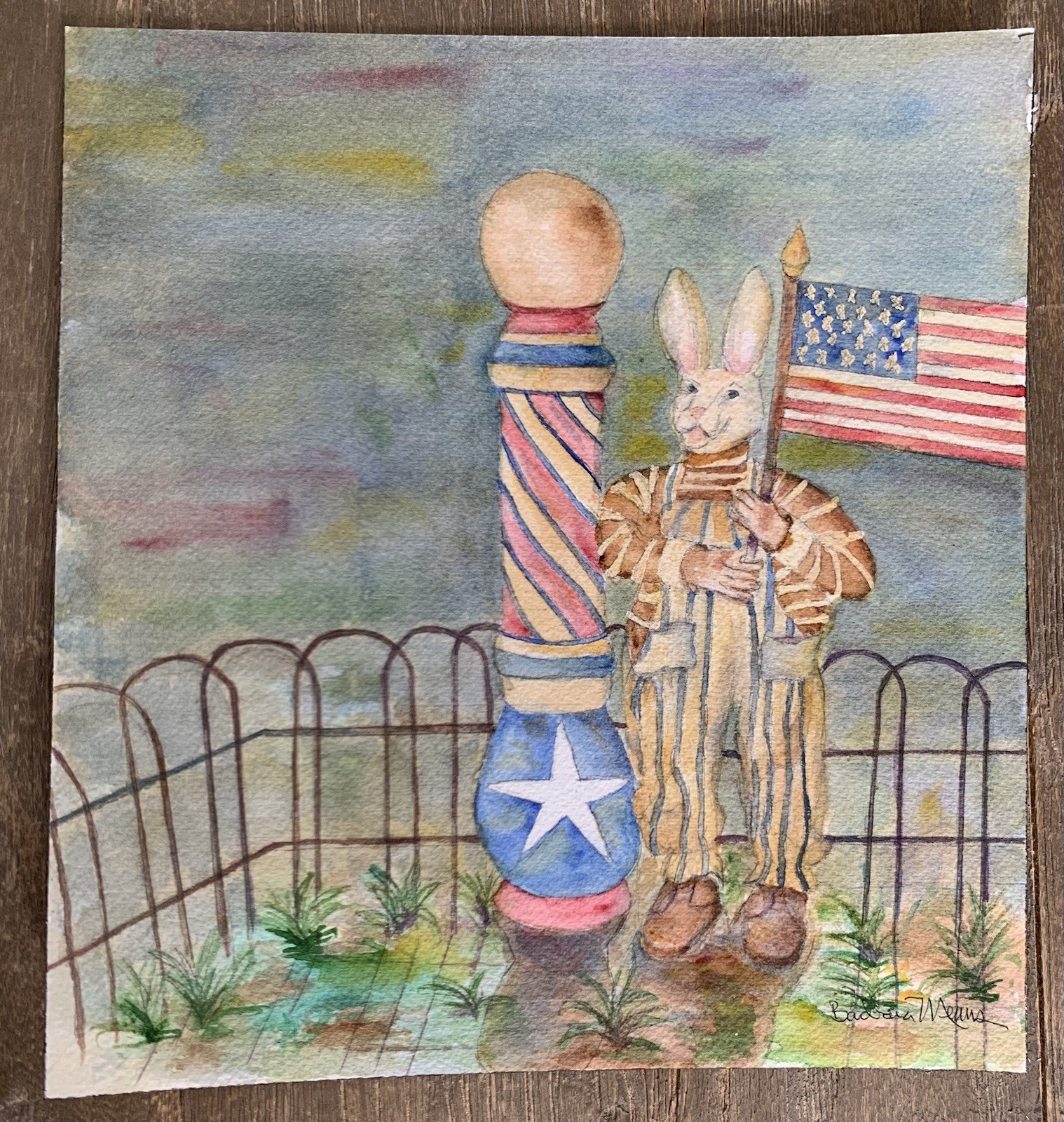 Anthropomorphic Patriotic Flag Rabbit Bunny Barber Watercolor Sketch Signed