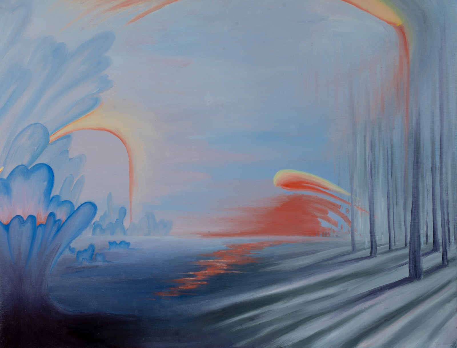 Print, surreal landscape, nature, trees, sun, oil painting