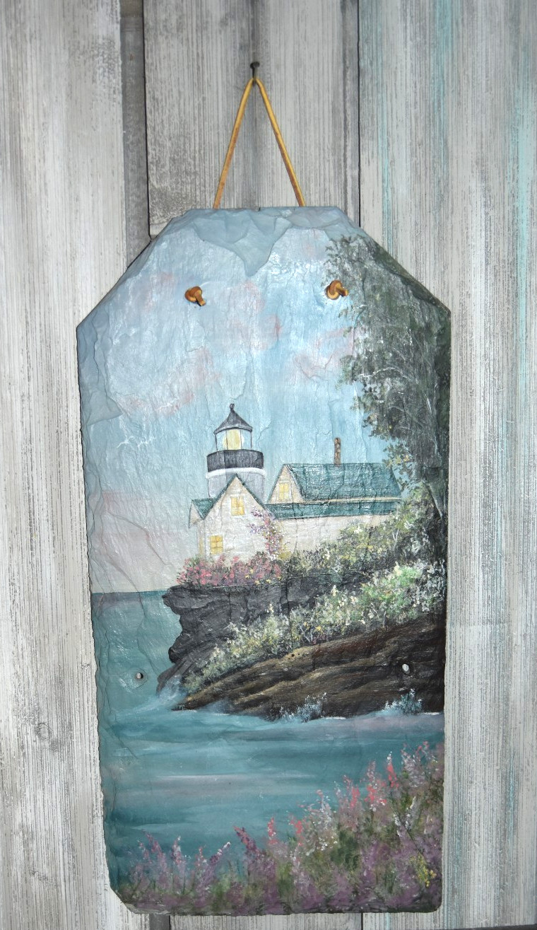 HAND PAINTED SLATE, LIGHTHOUSE PICTURE, 18″X9″ IMPRESSIONISM NAUTICAL, COASTAL