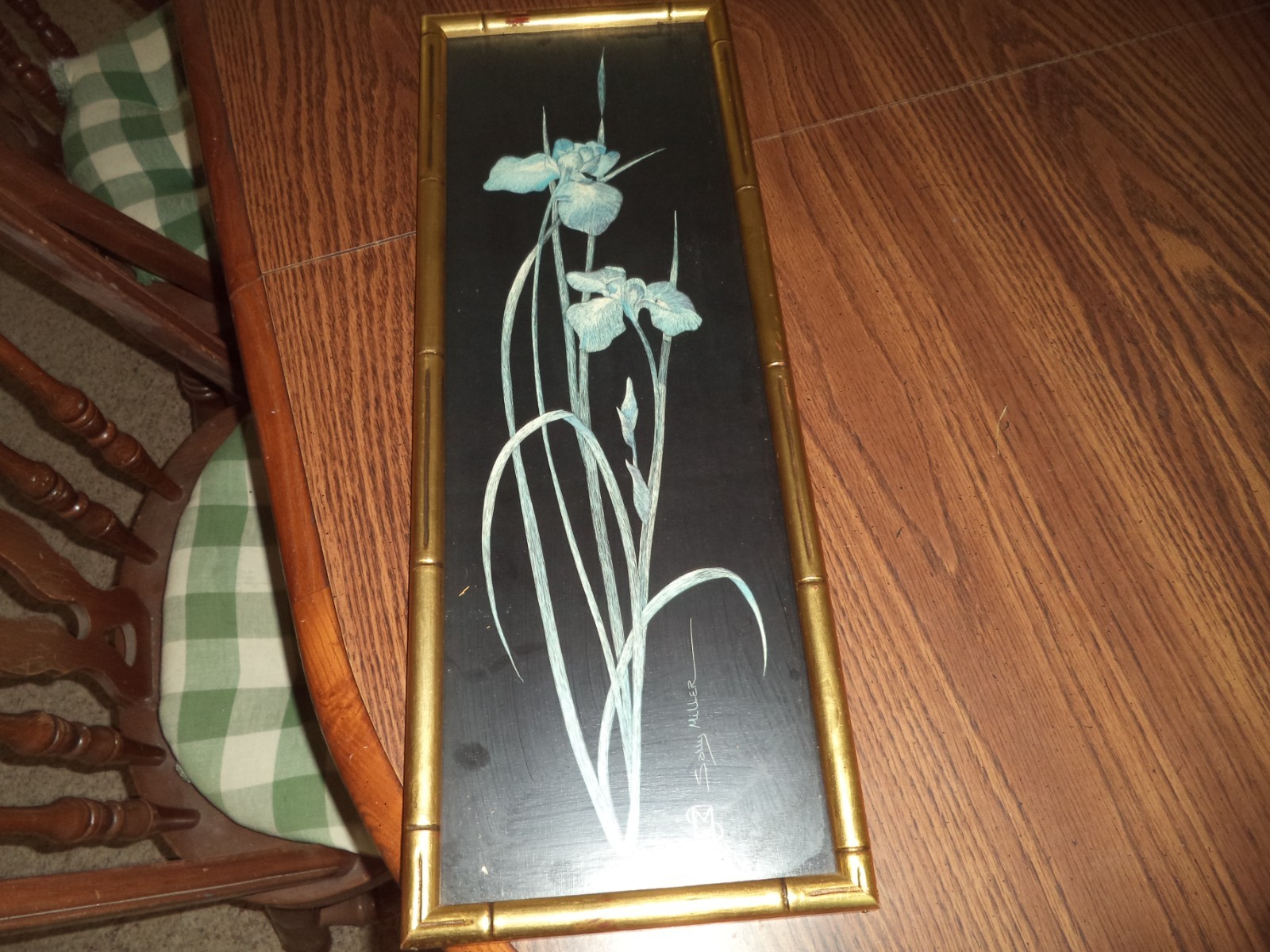 Vtg Original SALLY MILLER MAXWELL Hand Scratchboard Flower Painting 25” X 9”