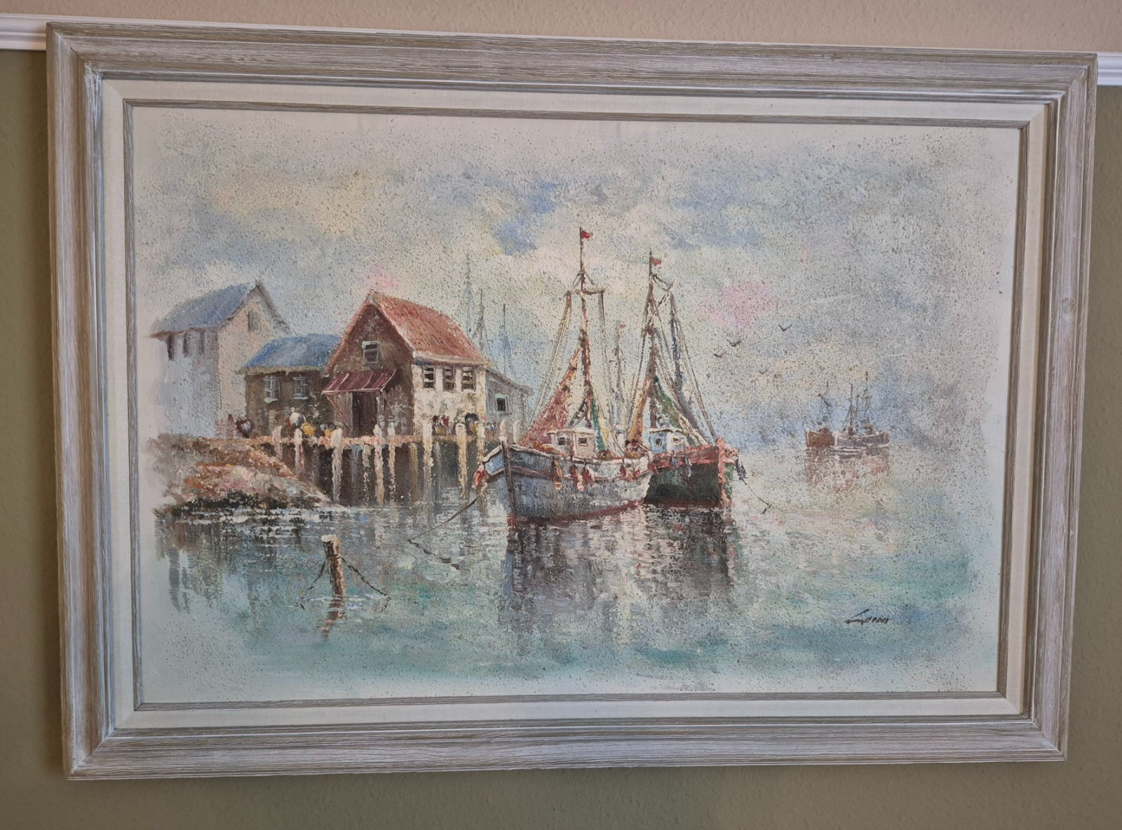 John Luini Signed Oil Painting New England Fishing Harbor Scene Original Vintage