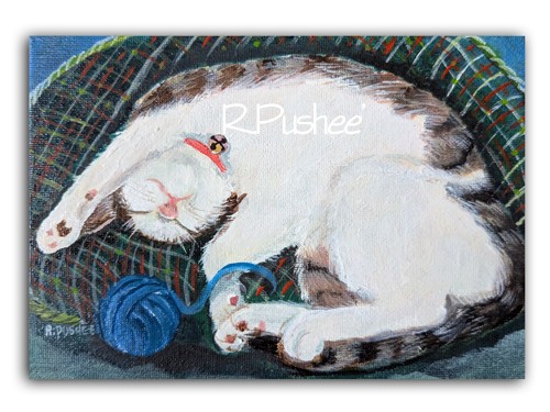 ORIGINAL** acrylic painting , Sleeping Cat, whimsical, 5×7 canvas panel