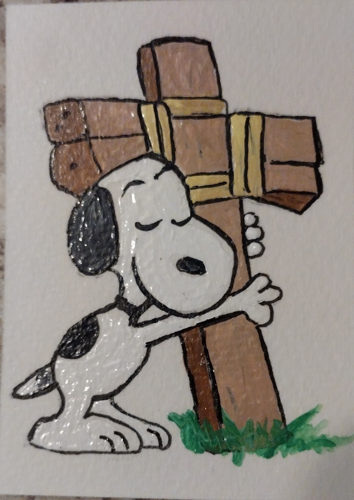 3.5″X2.5″ Artist Trading Card Snoopy Hugging Cross HAND PAINTED ACRYLIC