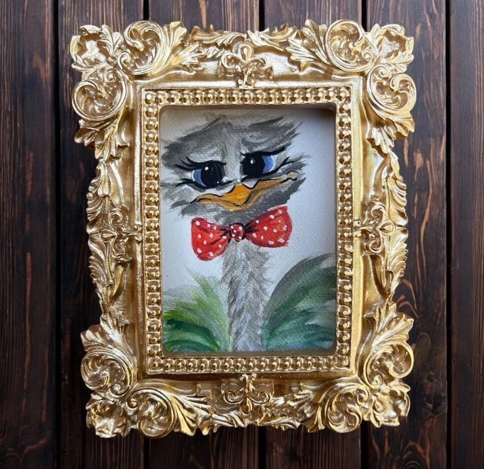 mini paintings & prints of birds & animals, vintage style ornate frame, mini art