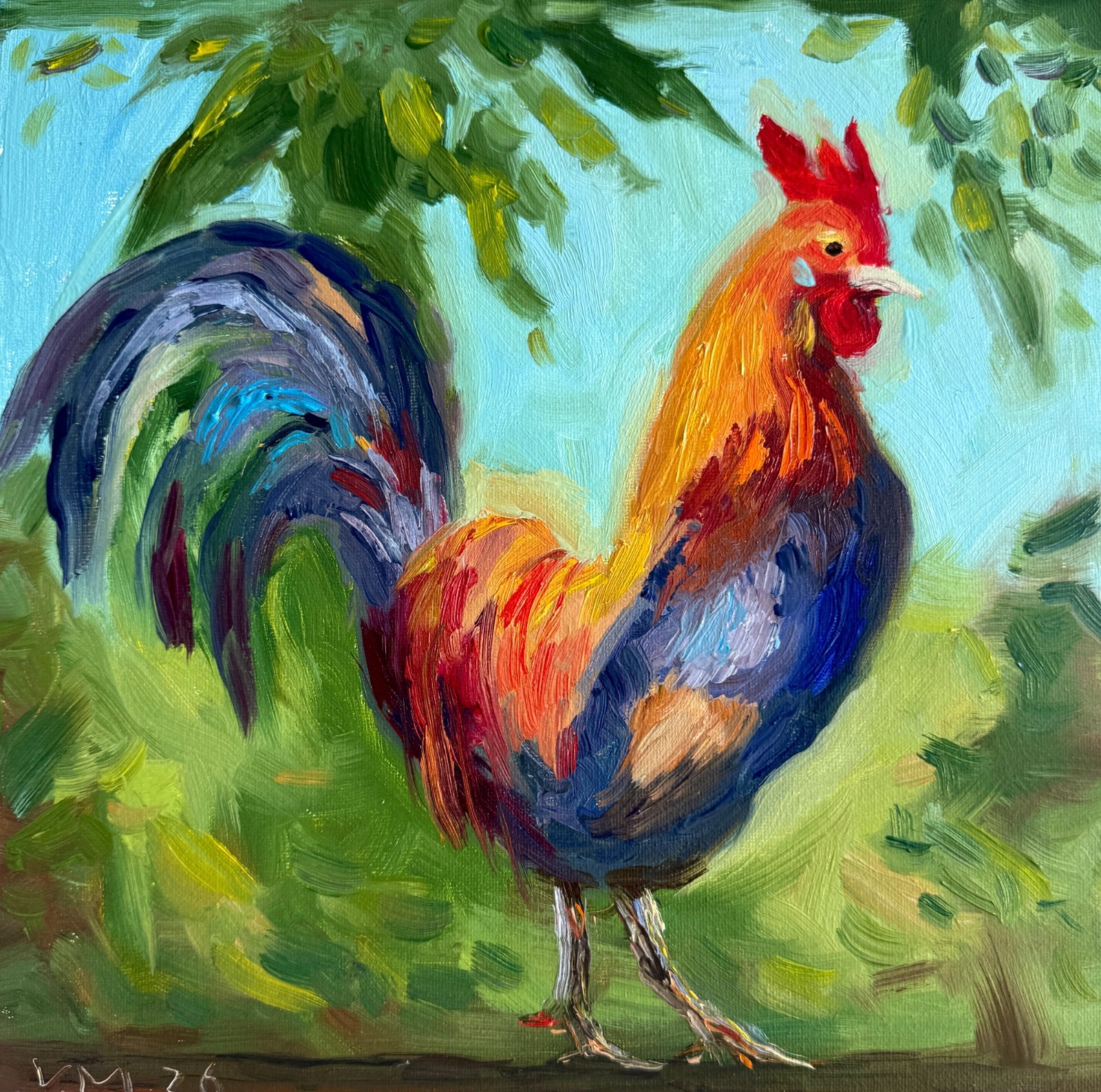 Rooster Oil Painting Original Bird Pet Farmhouse Animal Canvas Art Signed 12×12