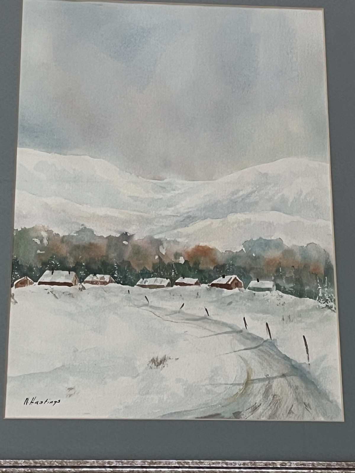 Original Watercolor Winter Landscape Painting Blue Moody Signed Hastings Framed