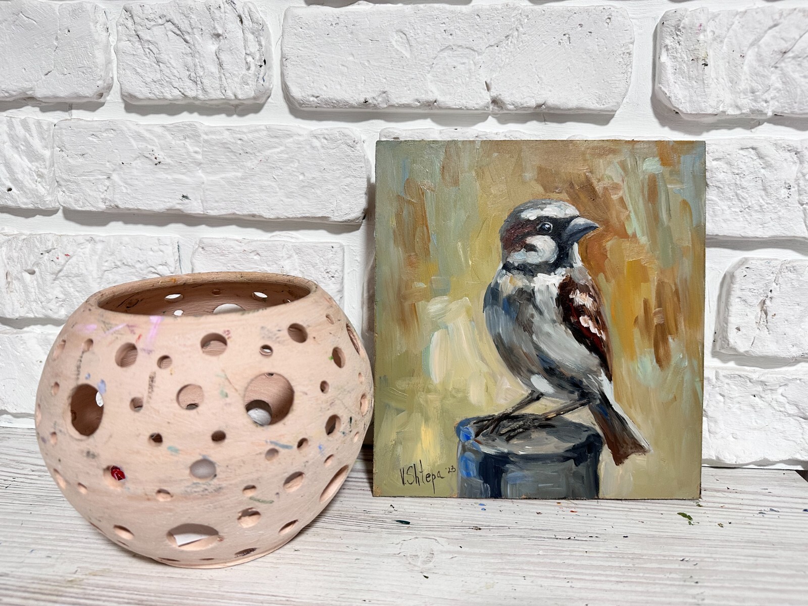 Original Oil painting Bird Sparrow Collectible Landscape ART Signed UKRAINE
