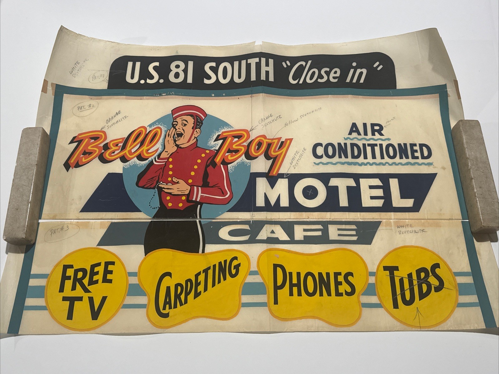 Antique Painting Route 81 Illustration Large Bell Boy Cafe Motel Trade Sign Old