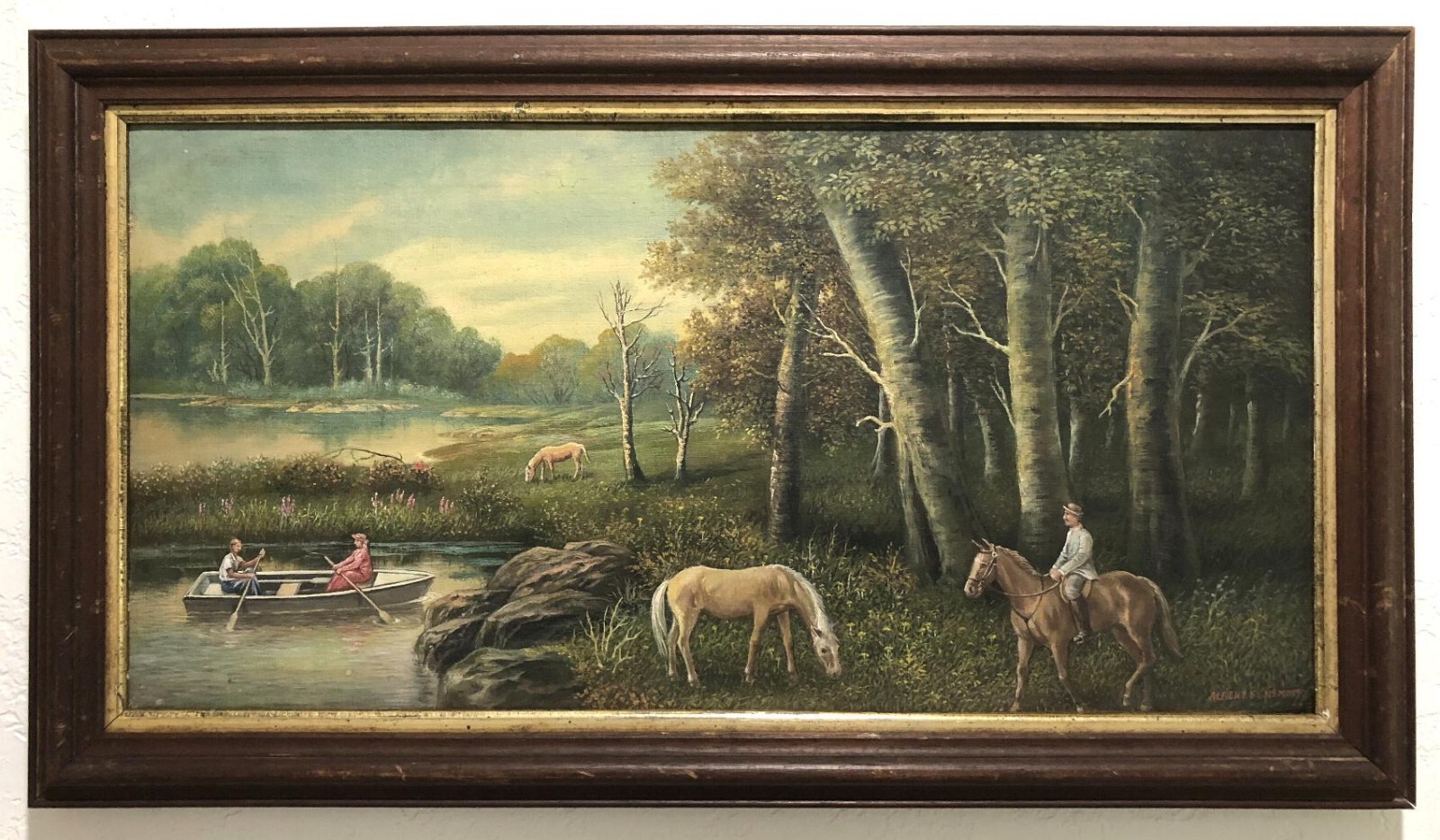 PAINTING Framed Oil ~ HUDSON VALLEY HORSEMAN ~ c.1950s Signed MAGIC REALISM