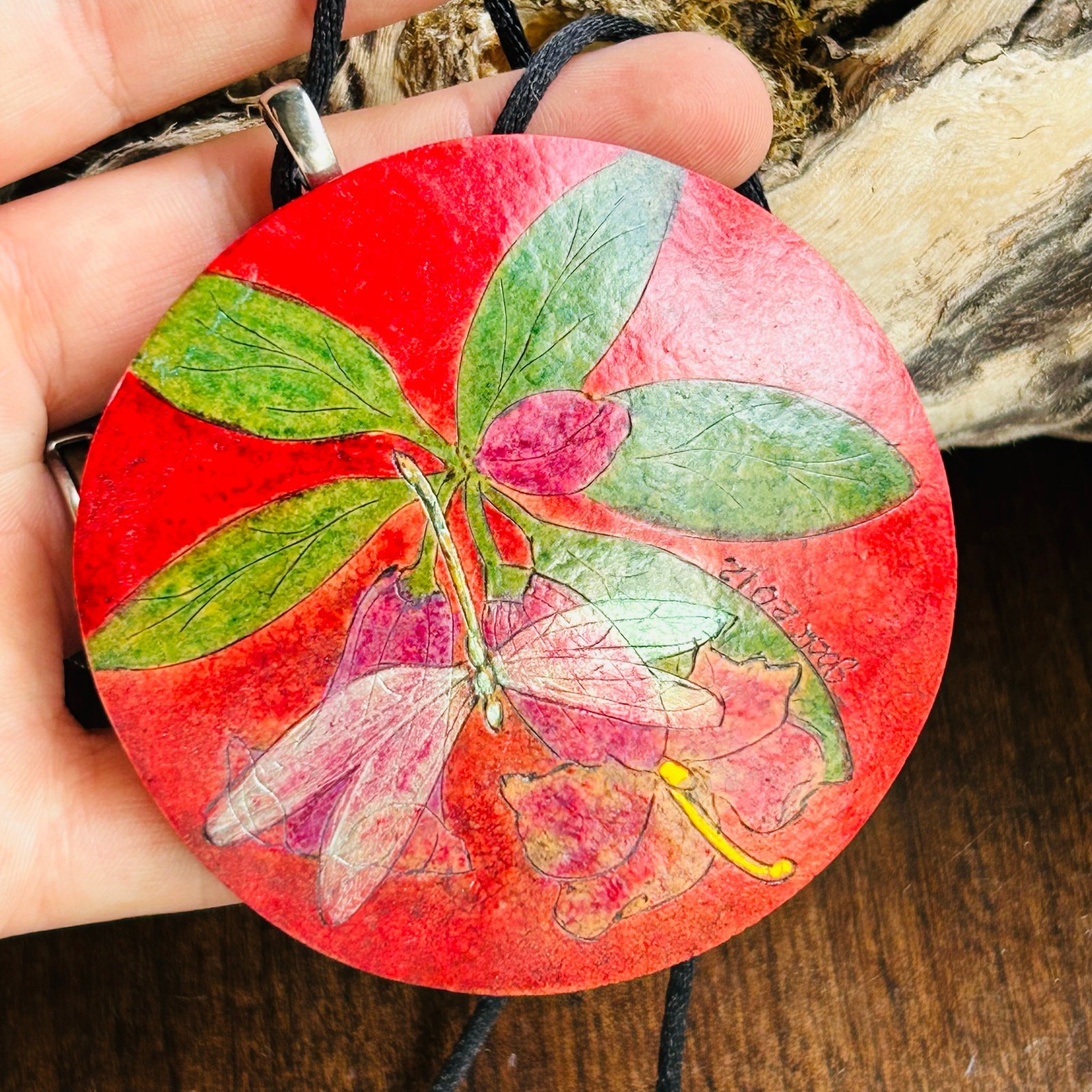 Hand carved painted folk art Gourd wall hanging plant charm dragonfly necklace