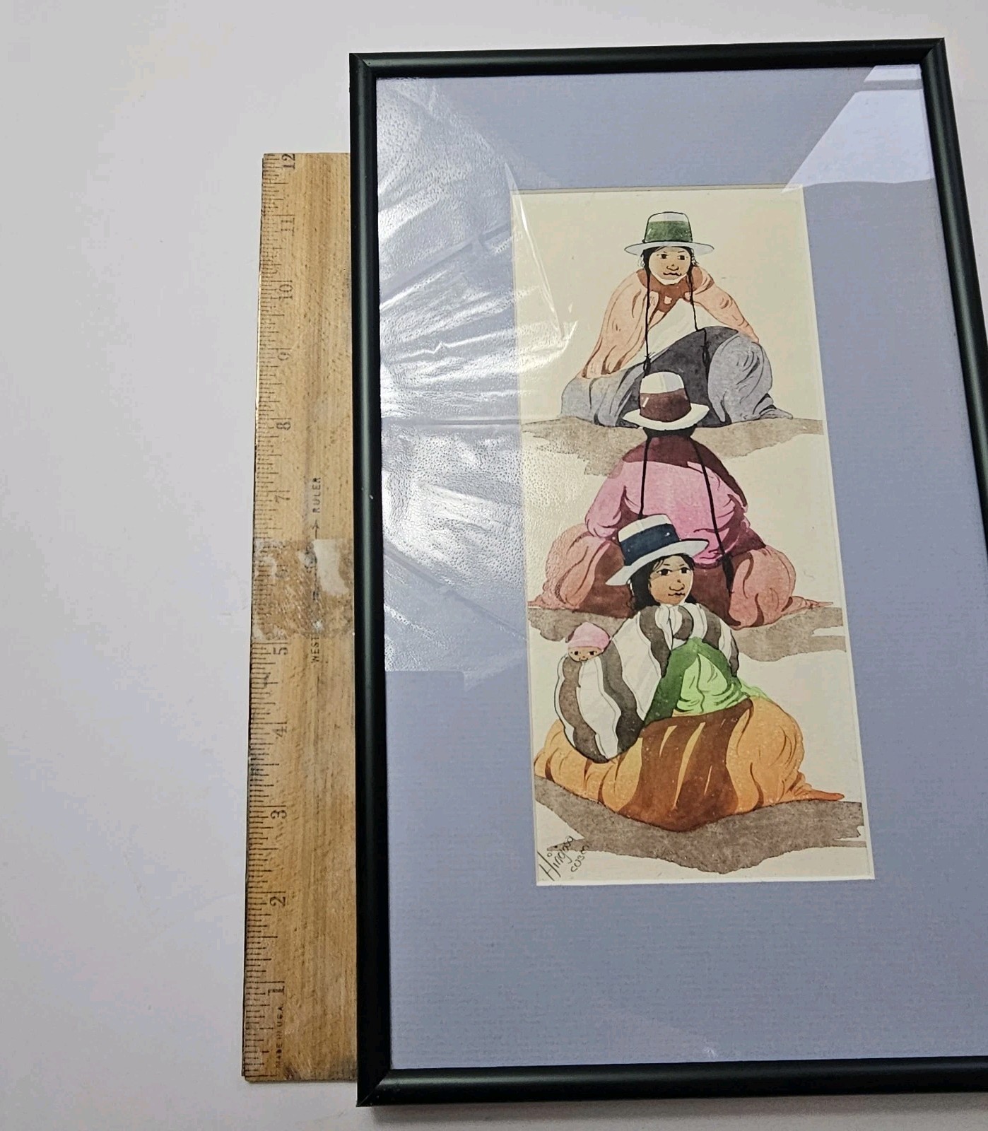 Original Peruvian Women With Child Watercolor Edilberto Hinojosa Matted Framed