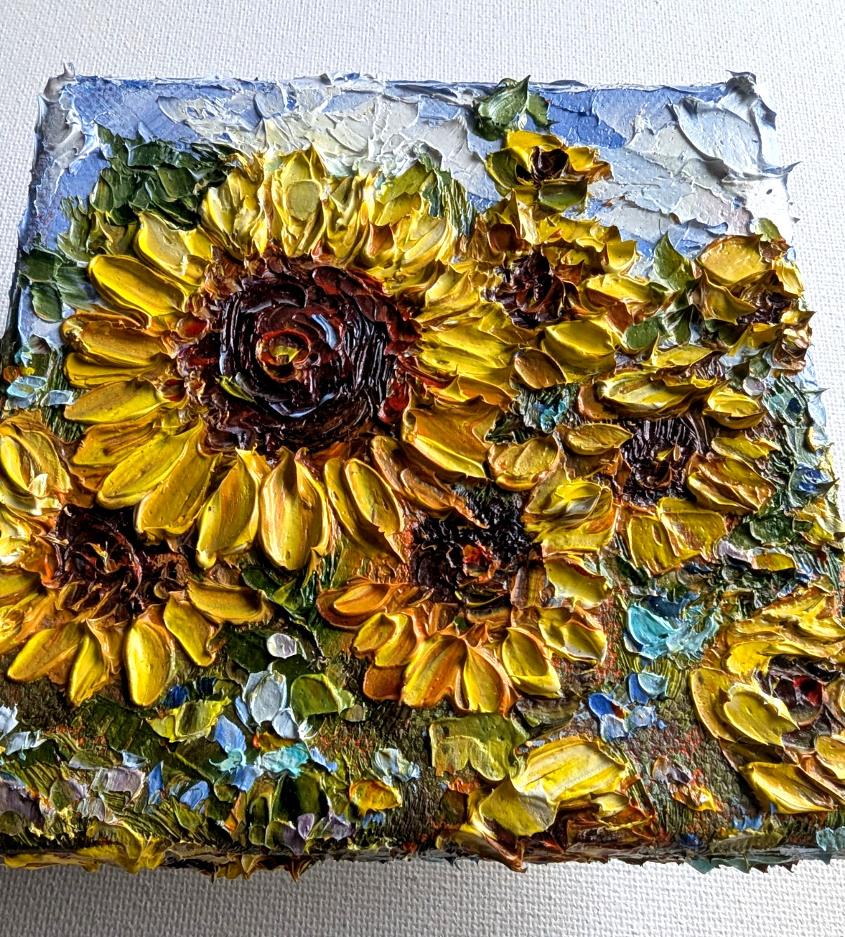 ORIGINAL OIL impasto Painting «Sunflowers» 4″X4″ X 1.5″ by Olga Diduh.