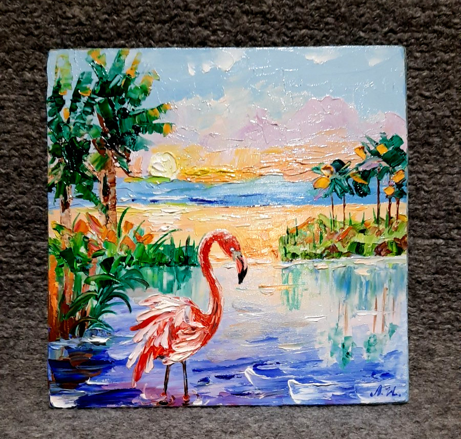 Pink flamingo. Original oil painting 8×8″. Textured impasto original painting.