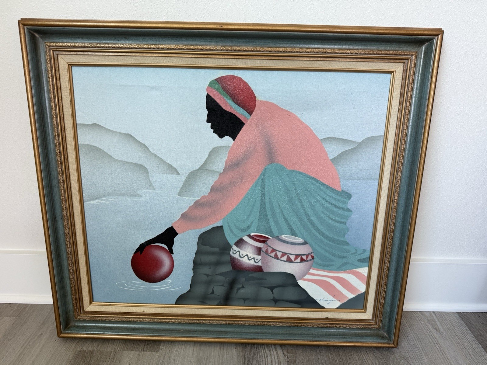 Beautiful Colorful African Village Women Collecting Water Painting Signed 26x29L