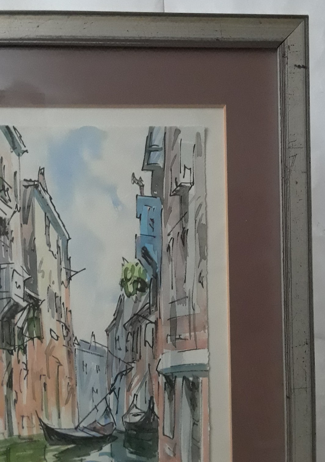 Watercolor & Ink on Paper, Venice Canal Signed Silver Framed with Brown Matting