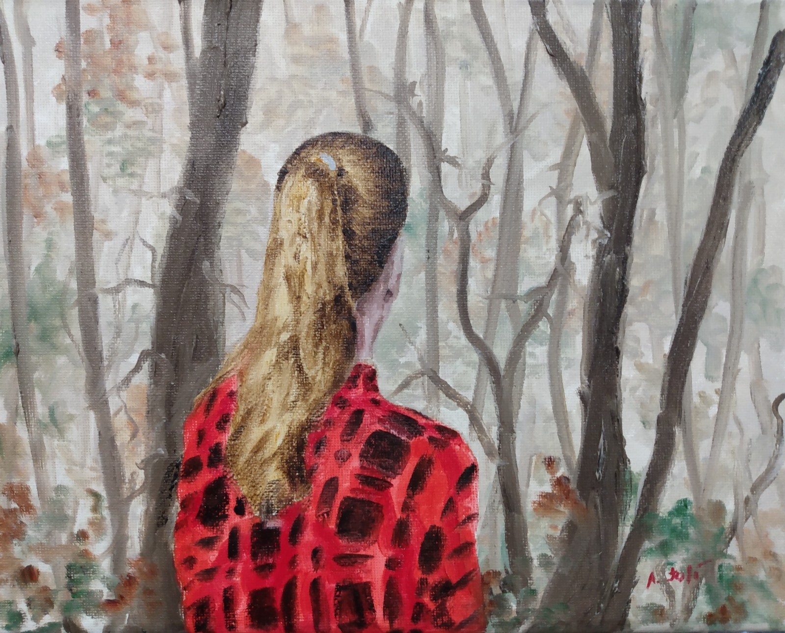 Oil Painting Woman Girl in Autumn Fall Forest Landscape Art by A. Joli