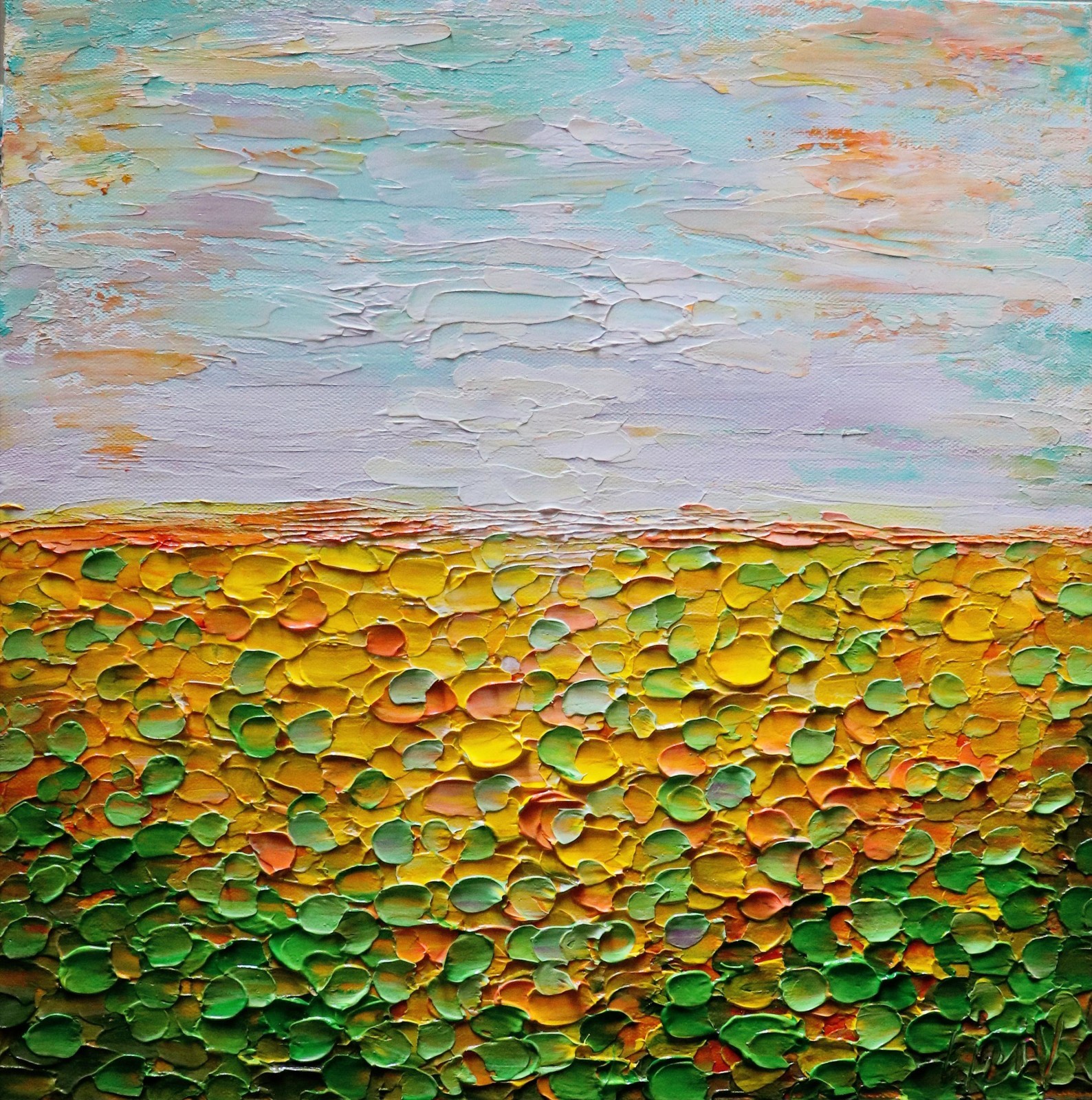 Abstract Sunflower Landscape Sunset Orange Green Yellow Original 16×16 Painting