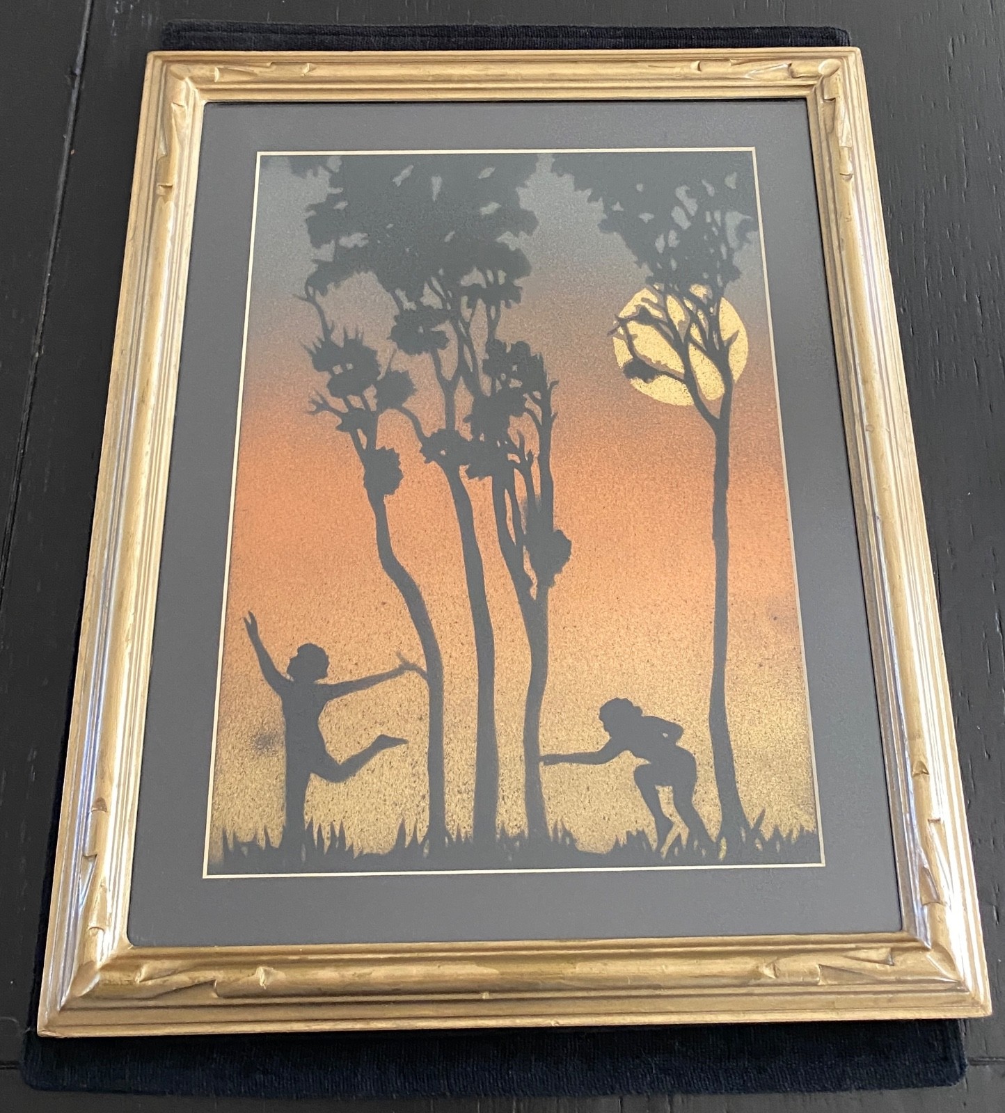 VTG Framed Art Reverse Paint Silhouette Figures Sunset Scene Trees Moon