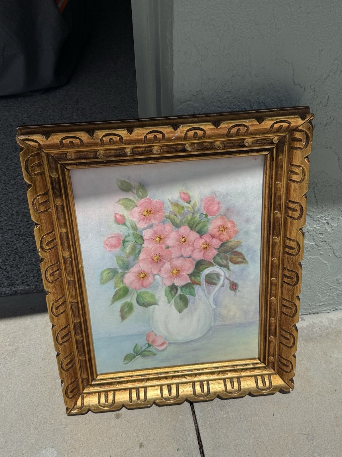 pink Rose Vase Granny cottage Core Original Oil Paint w/Gold Hollywood Regency
