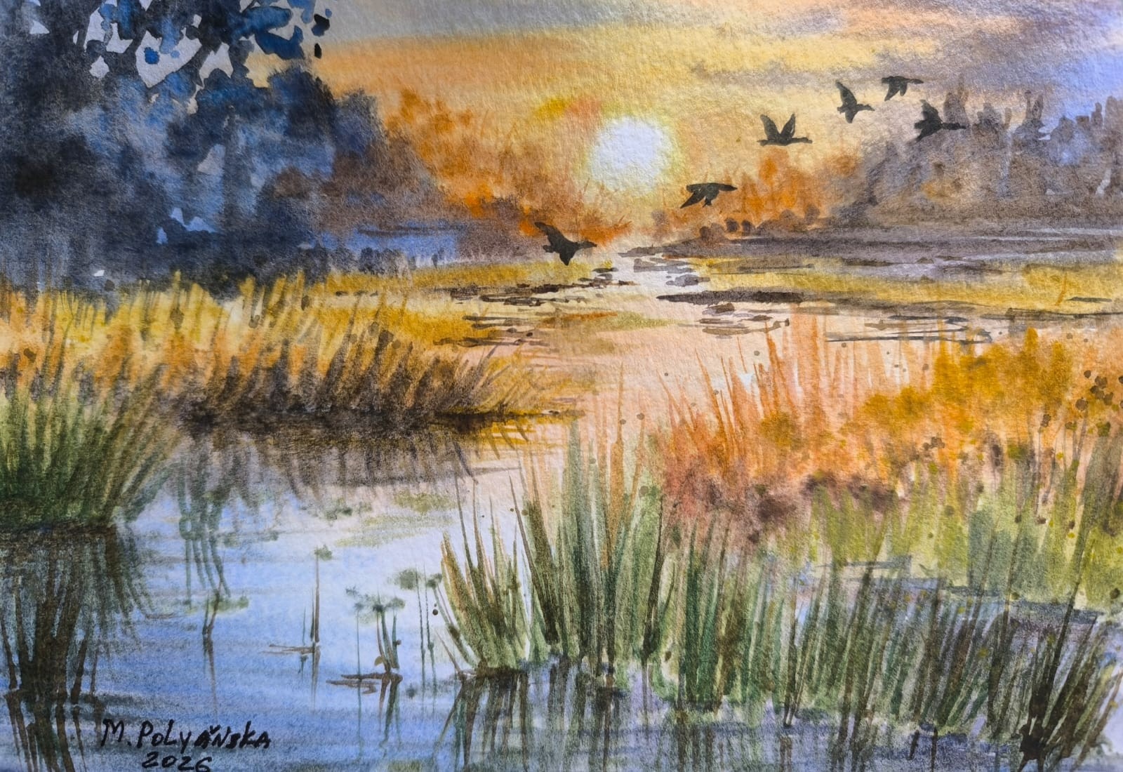 DUCKS FLYING Original Artwork Modern Painting GEESE FLYING Landscape Art Gift A5