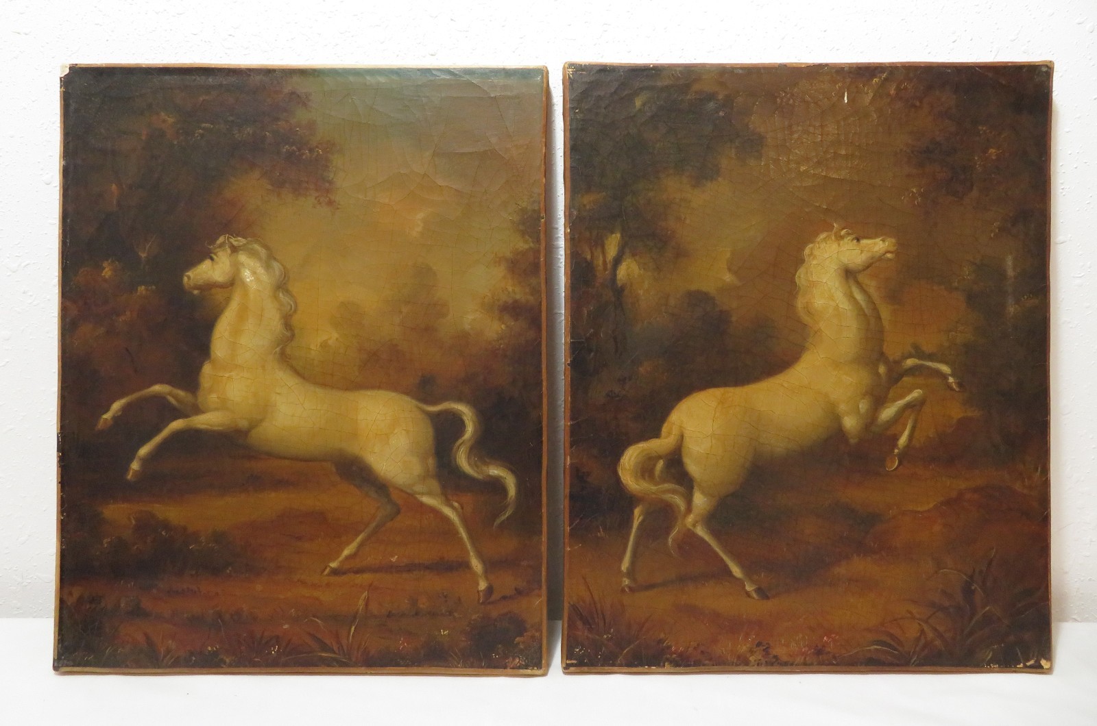 ANTIQUE PAIR of EQUESTIRAN HORSE OIL PAINTINGS French Spanish OLD FINE ART