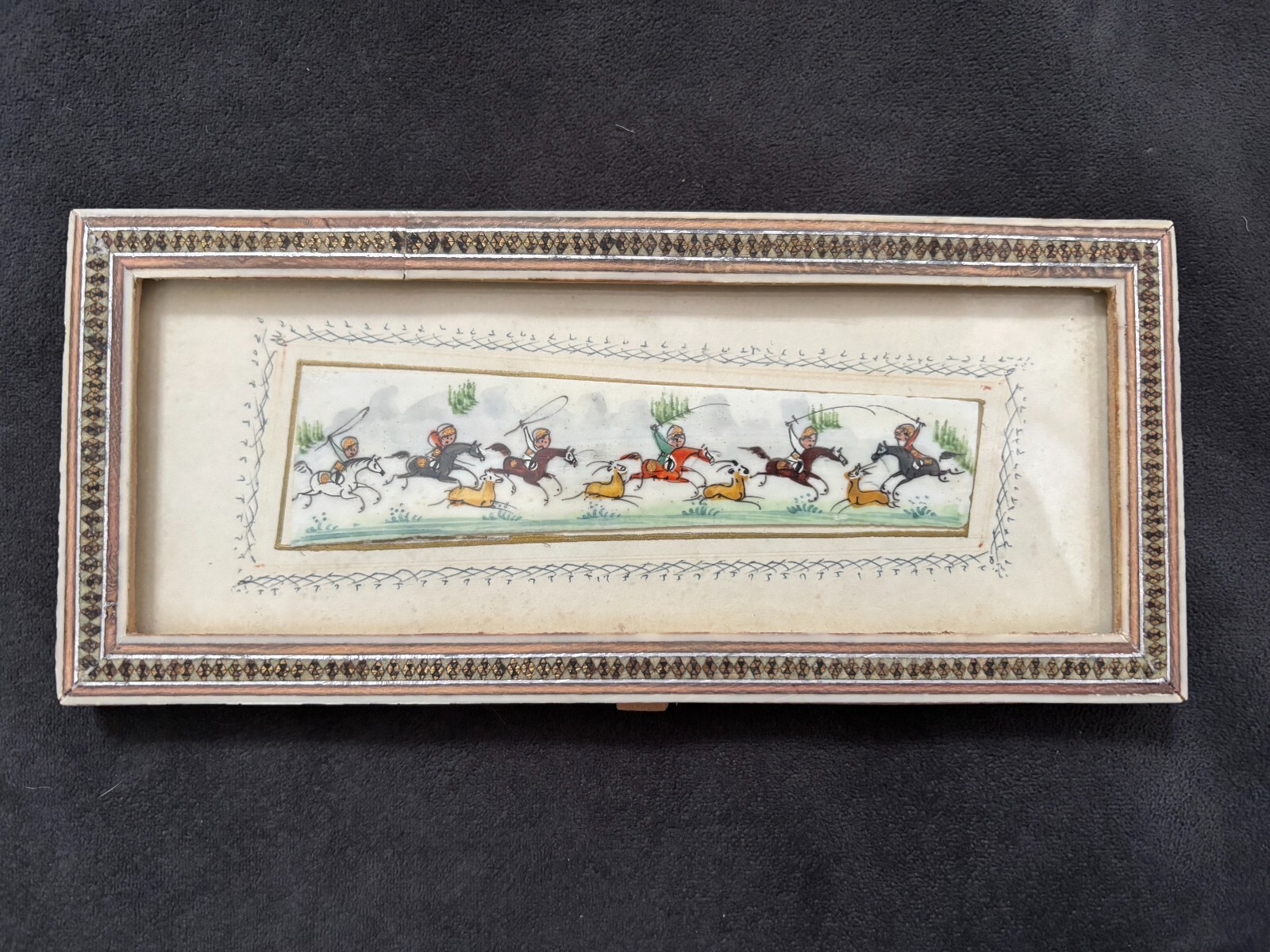 Antique Miniature Hunting Scene Painting Khatam Marquetry Inlay 8.75″x3.75″