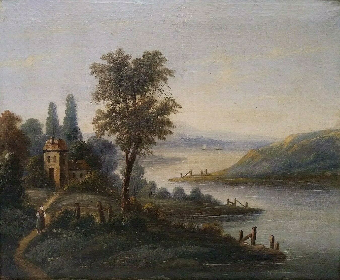 ANTIQUE EUROPEAN RIVERSIDE LANDSCAPE ORIG O/C ROMANTIC ENGLISH LANDSCAPE STYLE