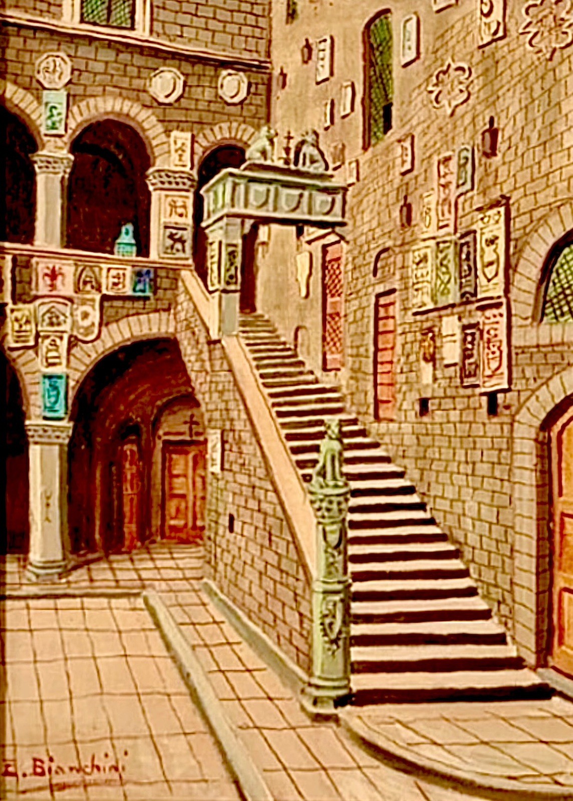 E. Bianchini O/C “Cortile del Bargello” Museo Nazionale Firenze Signed C. 1930