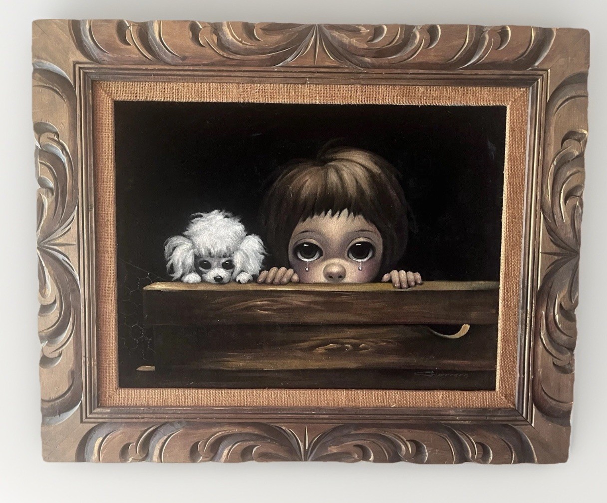 Velvet Oil Painting on Velvet Signed Big Sad Eyes onFramed 31”L X 25”H X 1”W