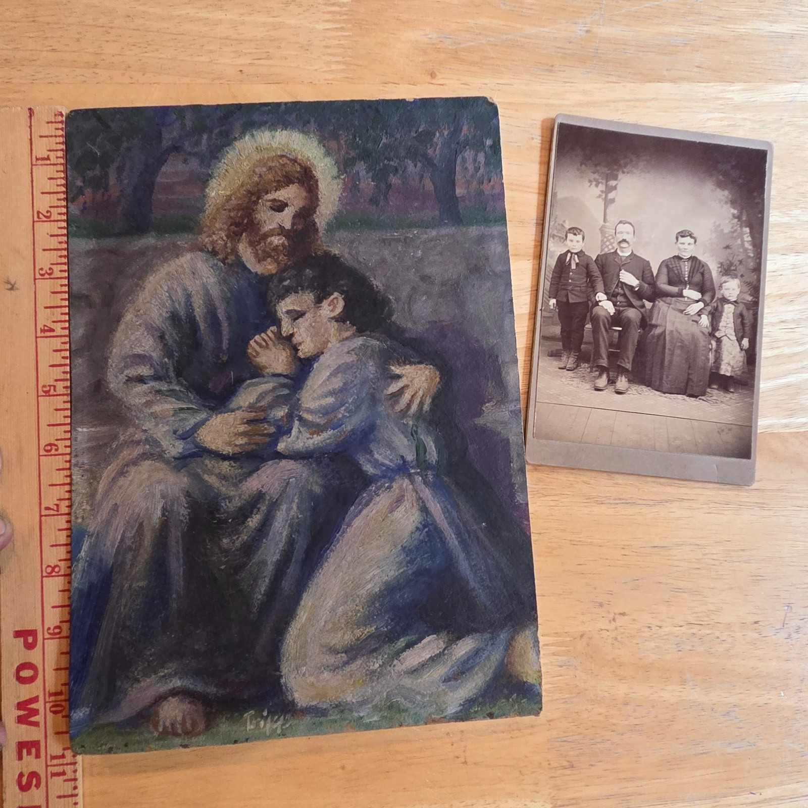 1900s JESUS Original Art Painting Signed IOWA Family Photo Antique Impressionist