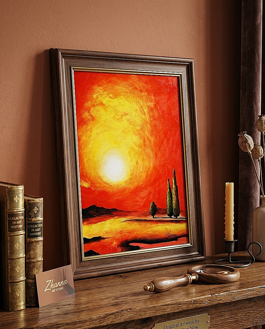 Original Surreal Sunset Landscape Signed Warm and Calm Unigue Fantasy Folk Art