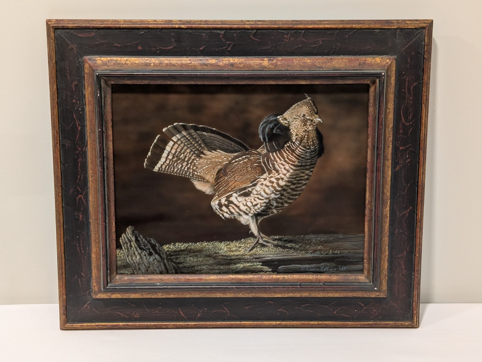Signed Karen Latham Original Wildlife Painting Ruffed Grouse Framed