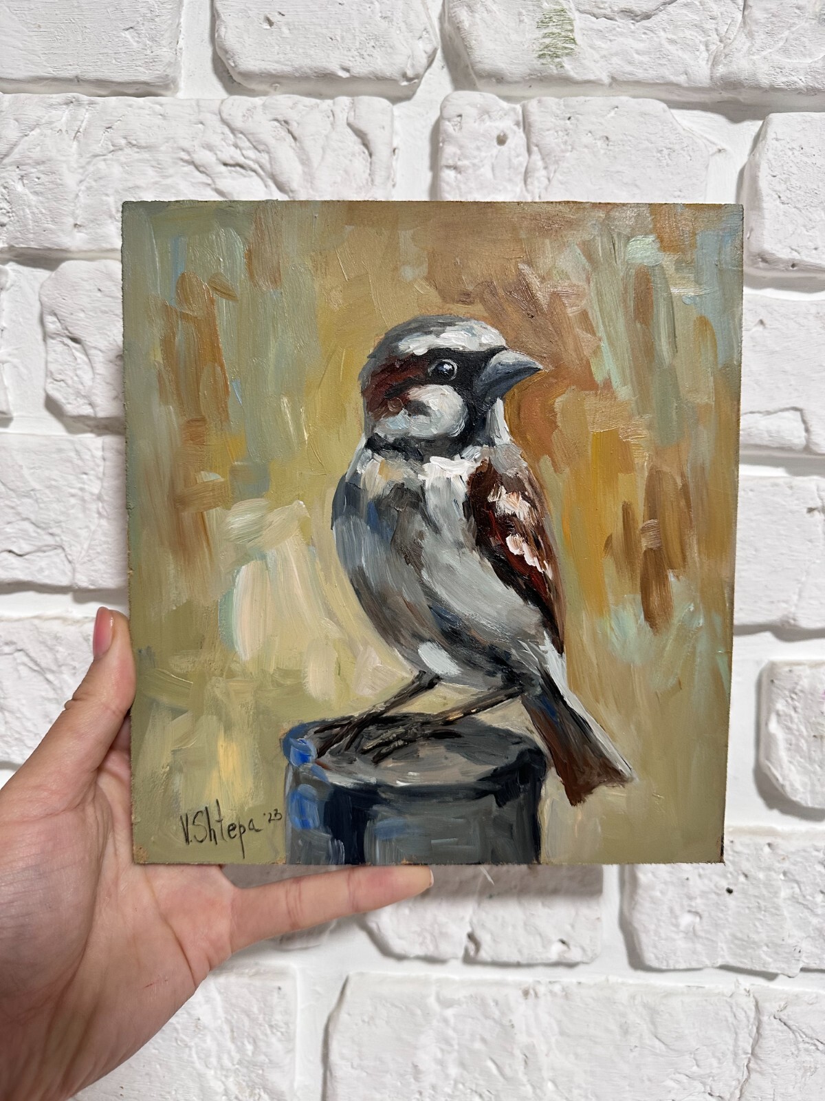 Original Oil painting Bird Sparrow Collectible Landscape ART Signed UKRAINE