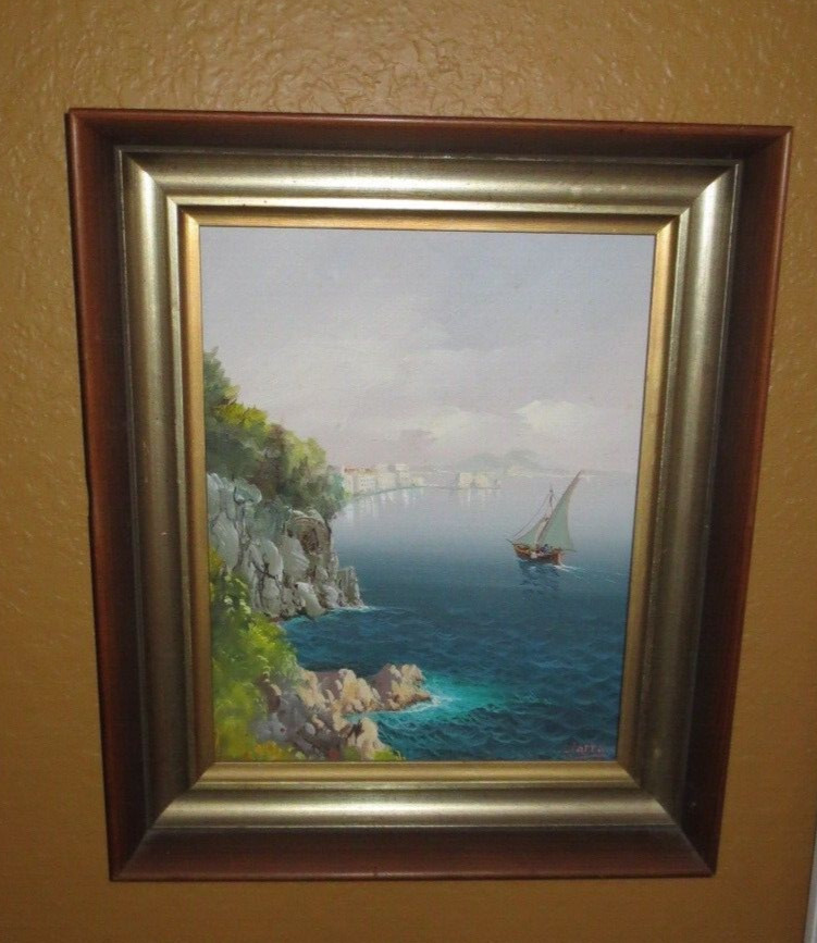 VTG. CARLO CIAPPA SIGNED ITALY COASTLINE NAUTICAL SCENE OIL ON CANVAS PAINTING