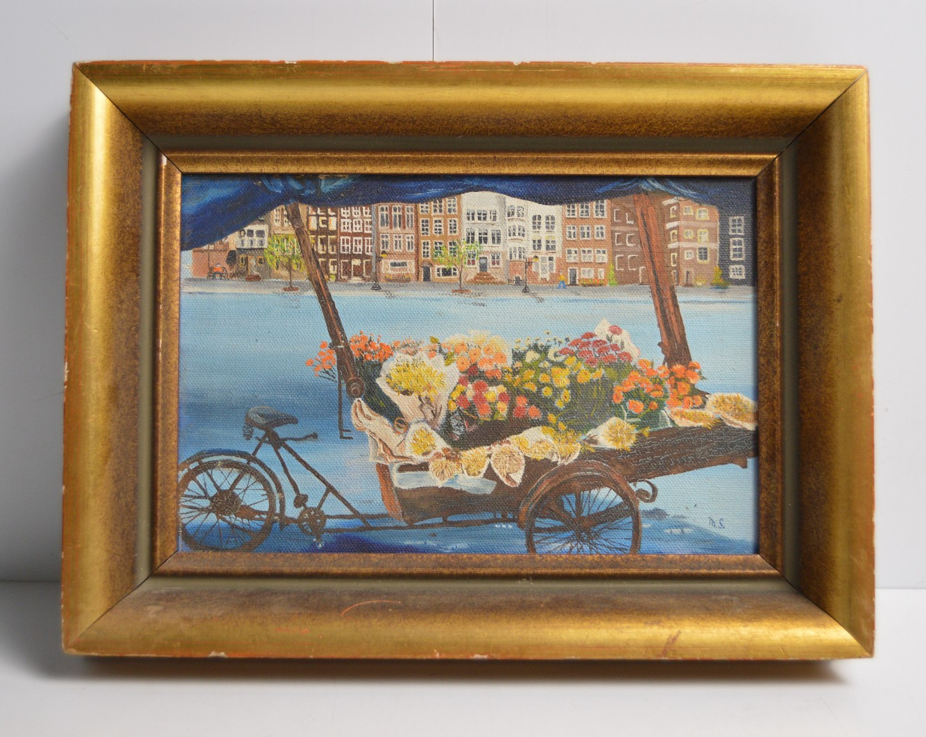 Vintage Art Painting Bicycle Pedal Flower Cart Town Square City Village Framed