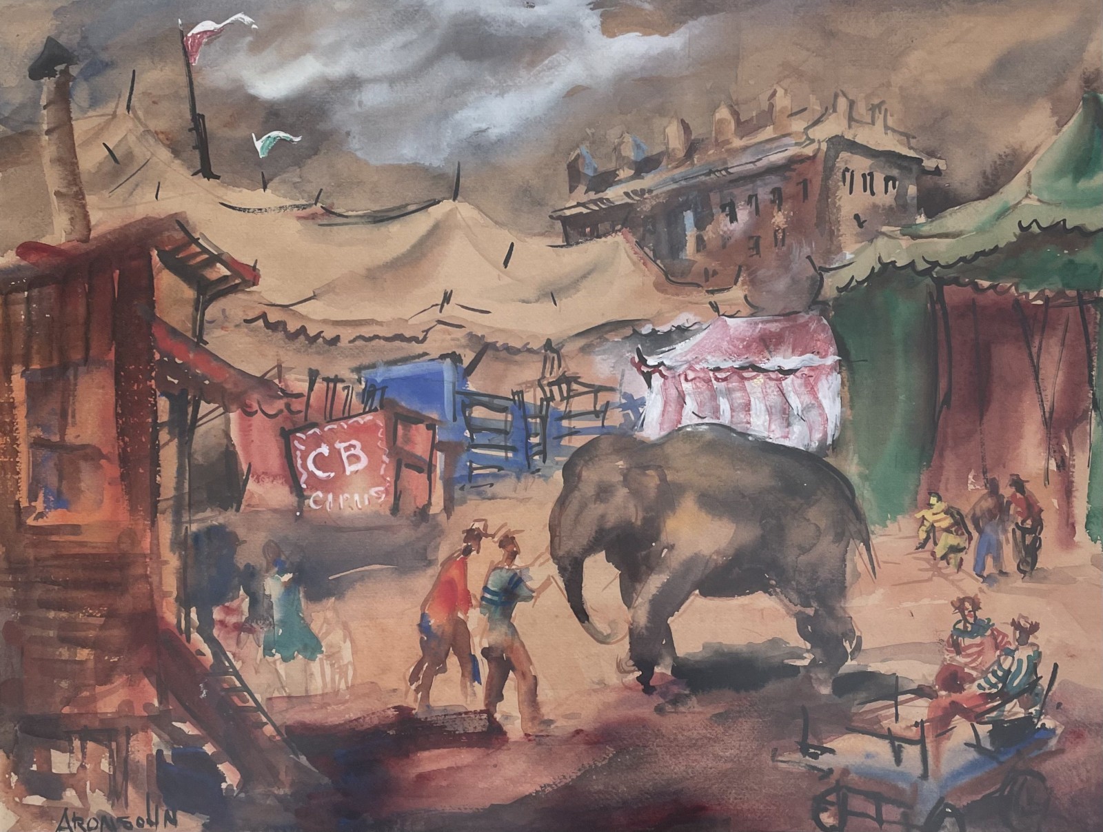 Vintage Mid Century Modern Expressionist Circus Scene Watercolor Signed Aronsohn