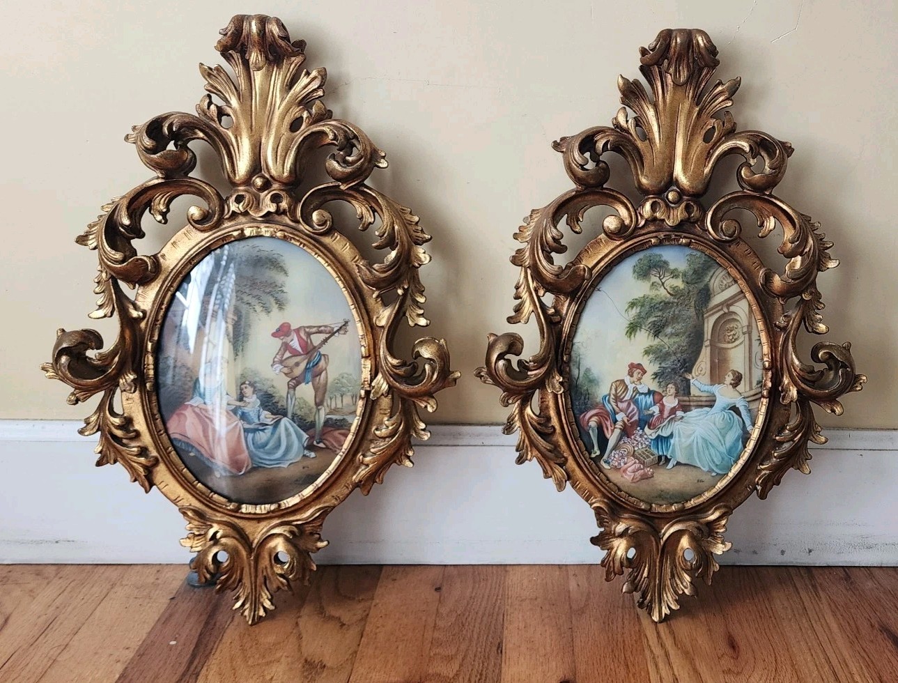 Set of two antique hand painted and signed wall plaques Rococo style