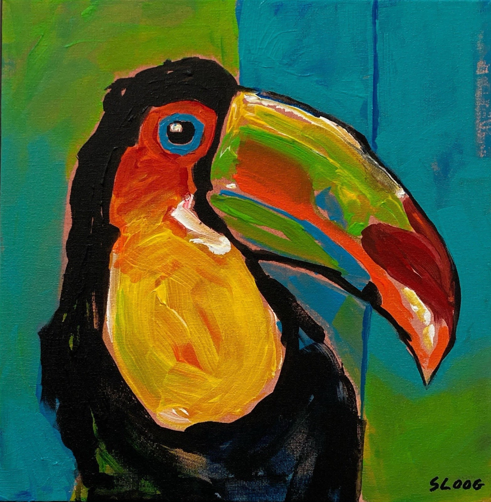 SLOOG Original Art Colorful Expressionist Painting on Canvas 12×12 Toucan