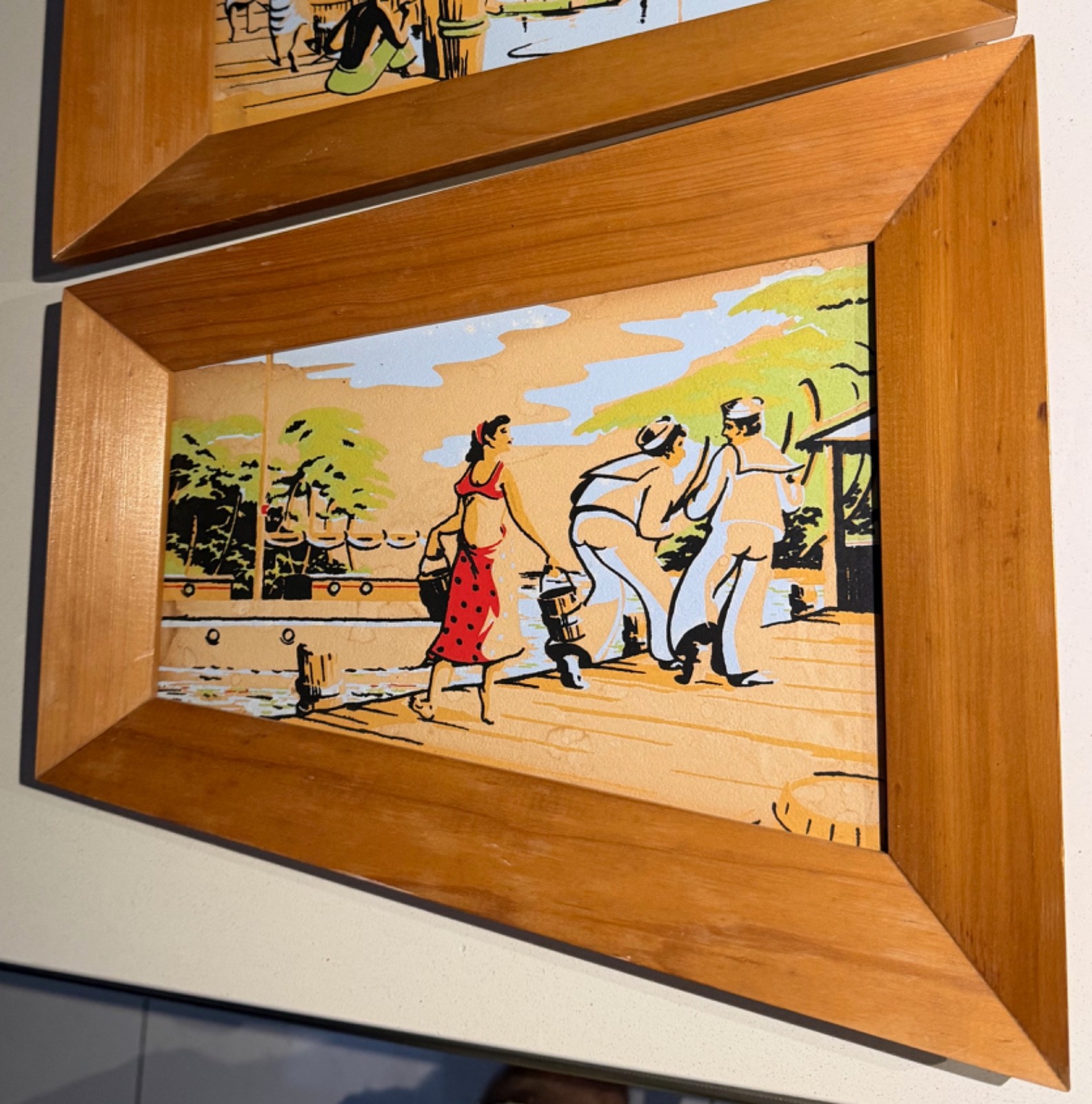 Vintage Landscape Figural Paintings Trapezoid Wood Frames Mid Century Modern Art