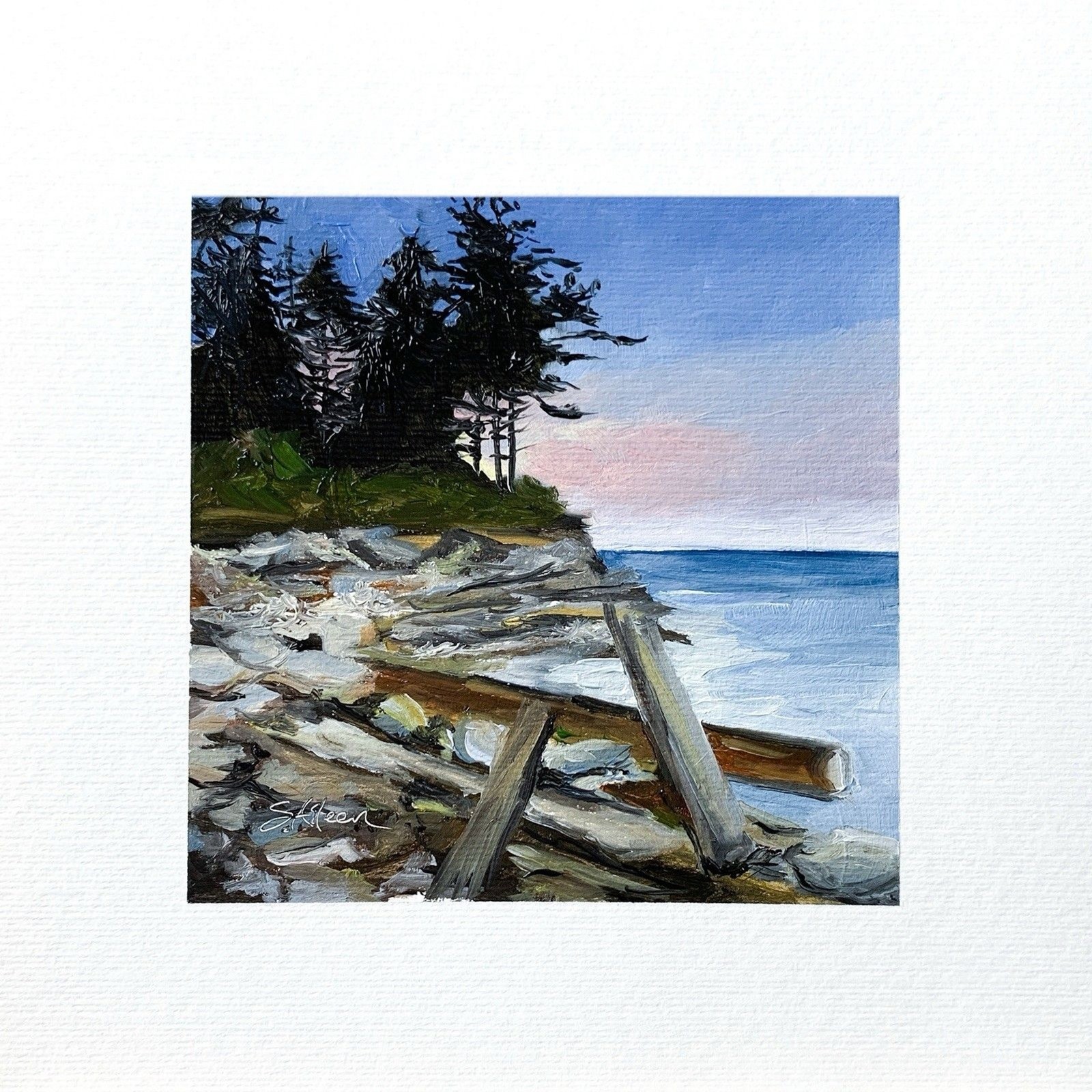 8×8 PNW Original Oil Painting Seascape Pacific Landscape Sunset Driftwood Signed