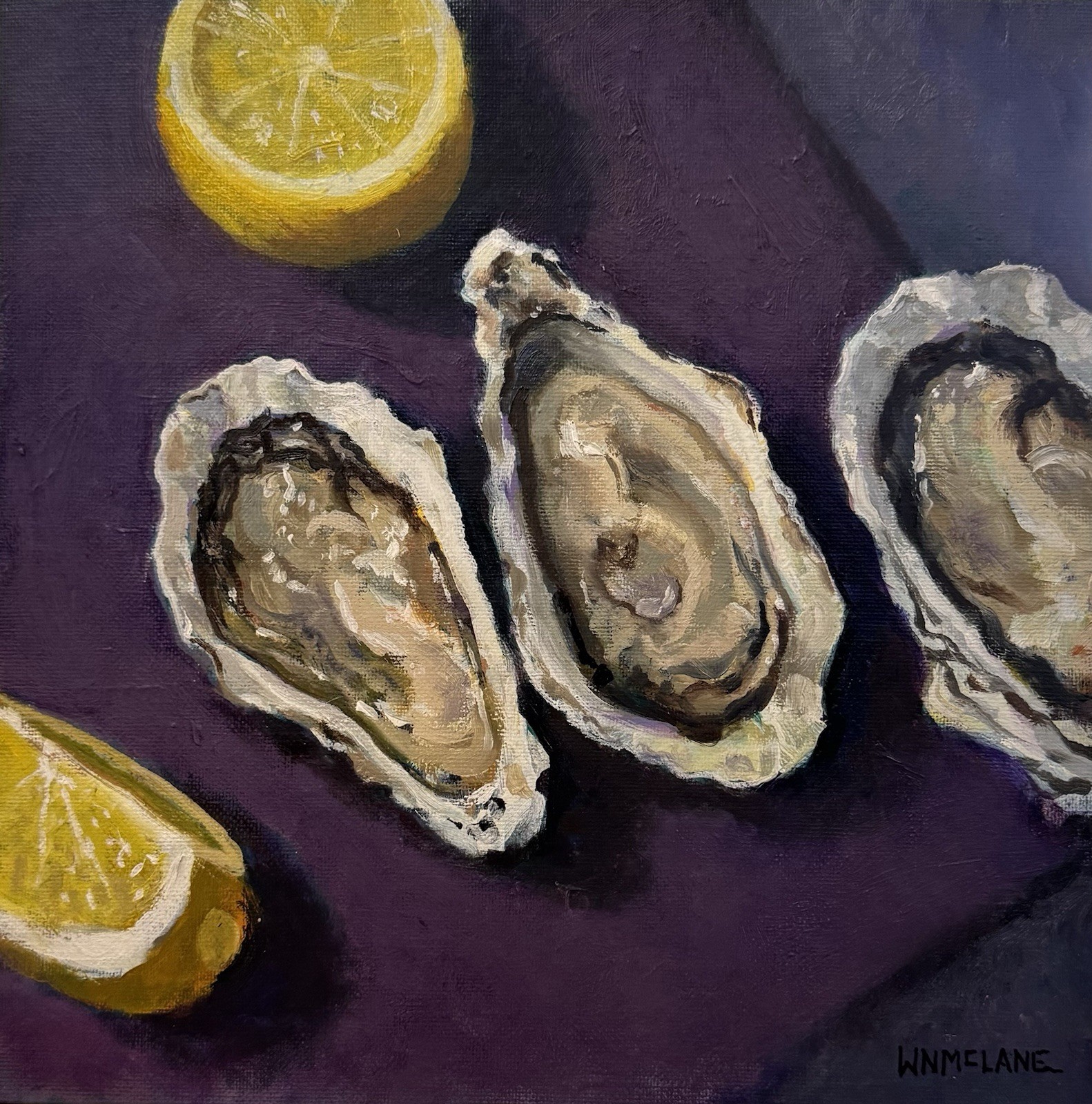 Original New Impressionism Still Life Lemons Oysters Half Shell Oil/Canvas Board