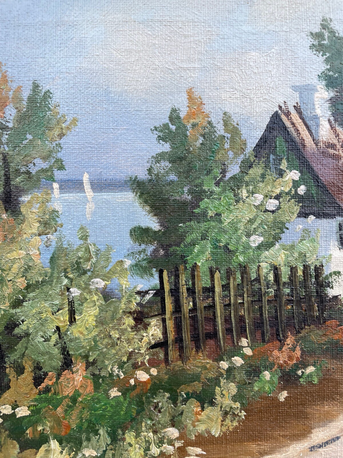 Impressionist Summer Landscape Cottage With Garden By The Sea Coast Sailboats
