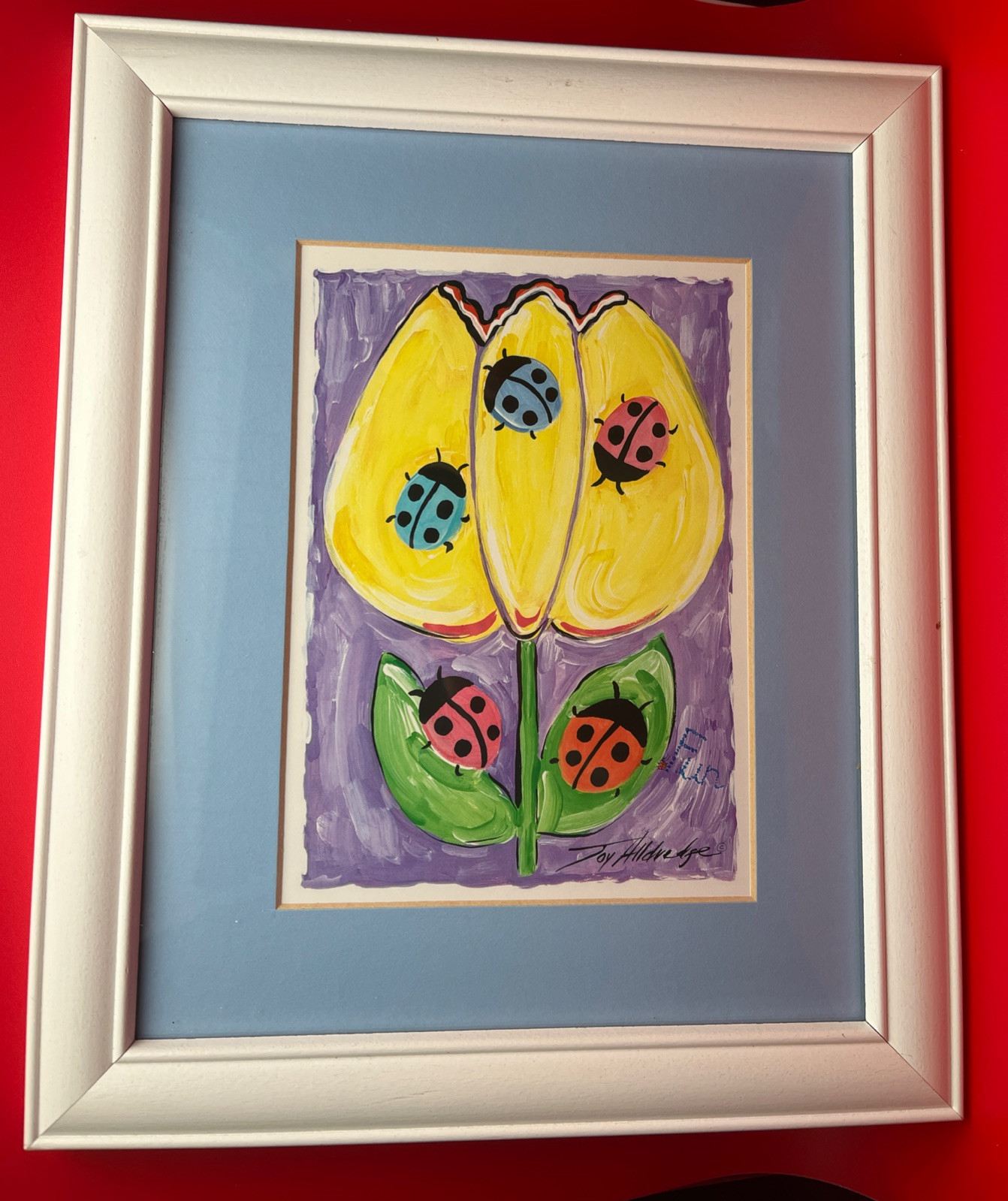Vtg Lady Bugs Fun By Joy Alldredge Wood Framed Signed 11.75×9.5 Ready To Hang