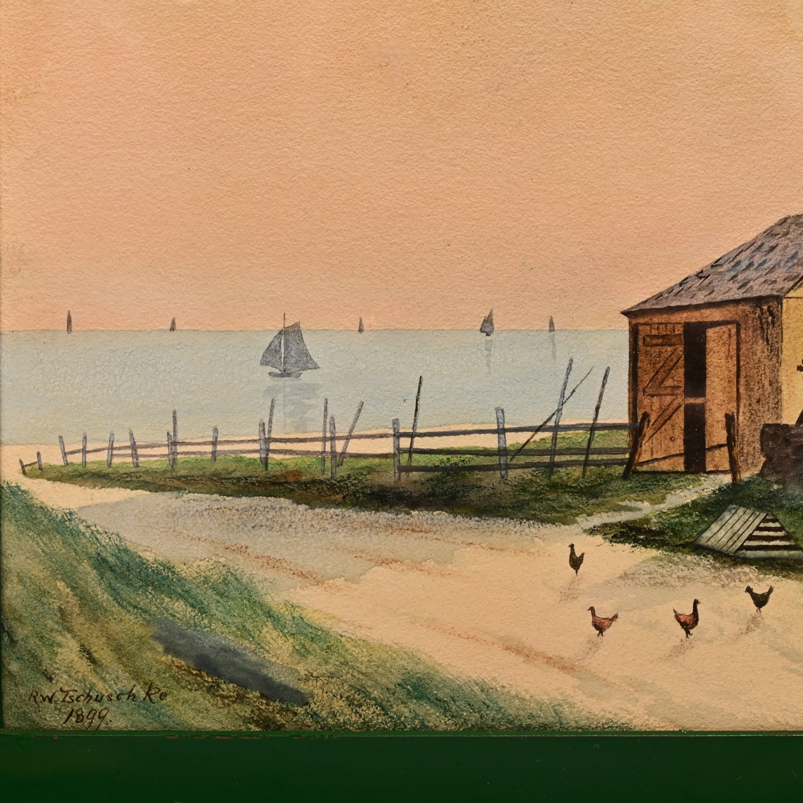 TSCHUSCHKE Original Vintage Signed 19thC House Barn Seascape Watercolor Painting