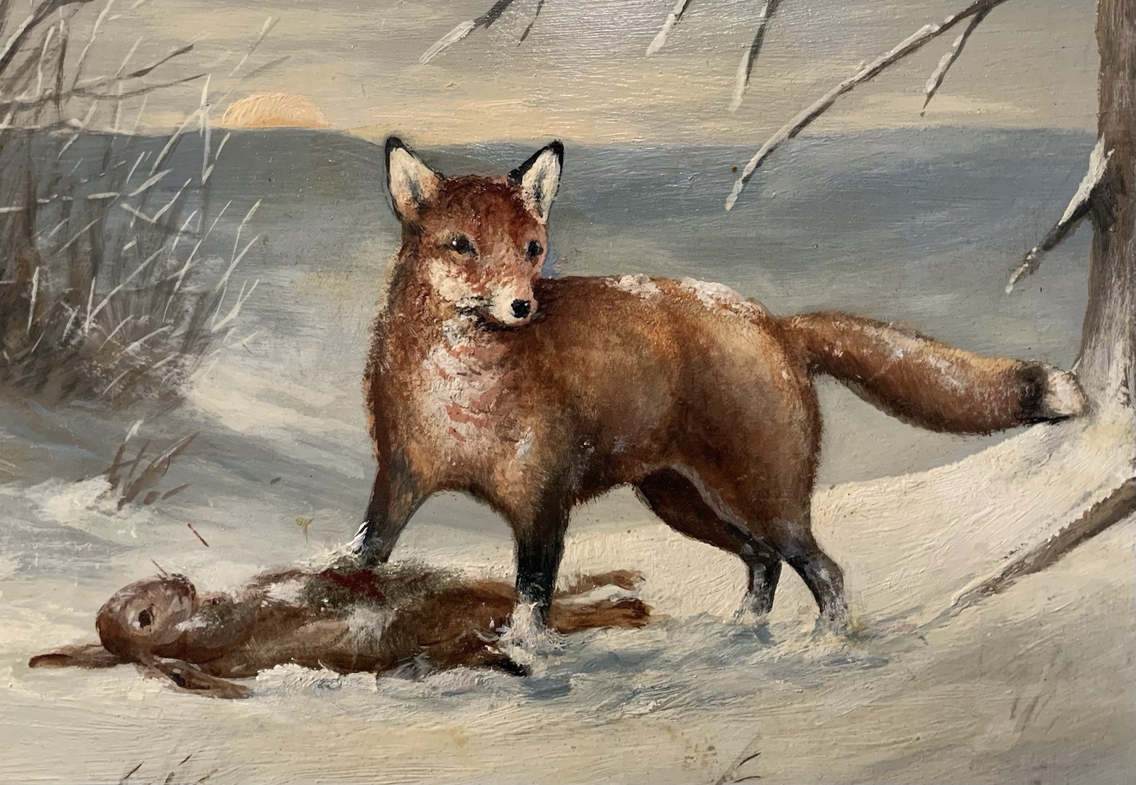 Brandt Oil Painting On Masonite Board Fox Hunting Rabbit Vintage