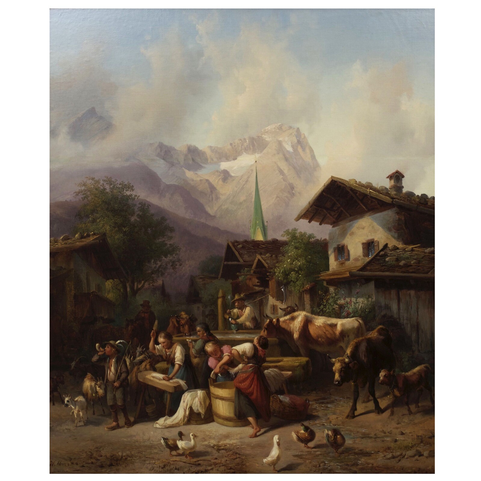 German Landscape Painting «An Alpine Village” by Joseph Heinrich Marr