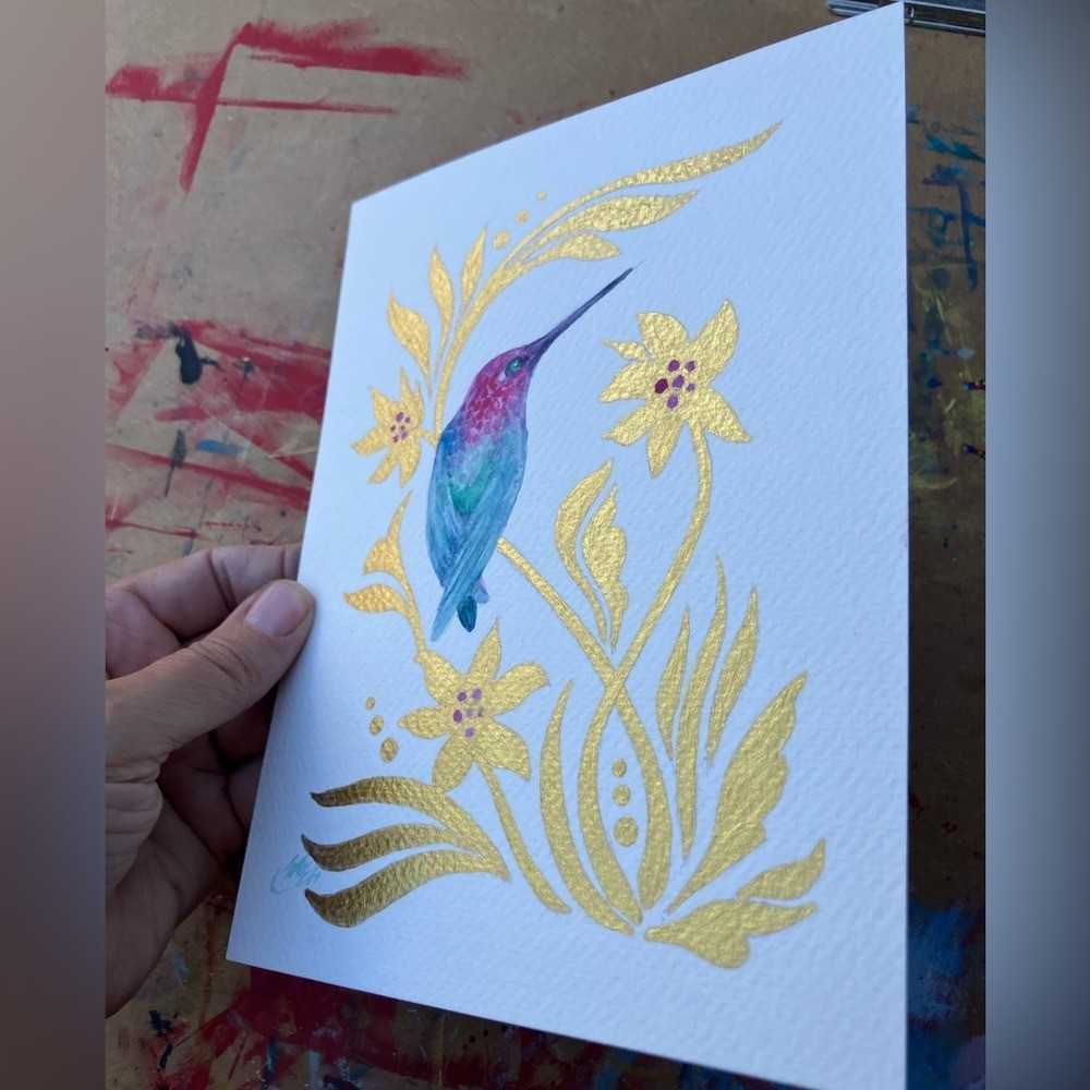 Original painting hummingbird bird art gold plant nature fantasy Artettina USA