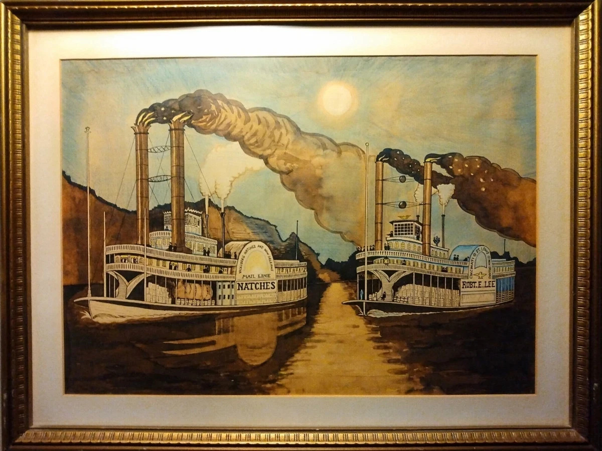 RARE! Great Mississippi Steamboat Race 1870 Natchez Lee Vintage Watercolor