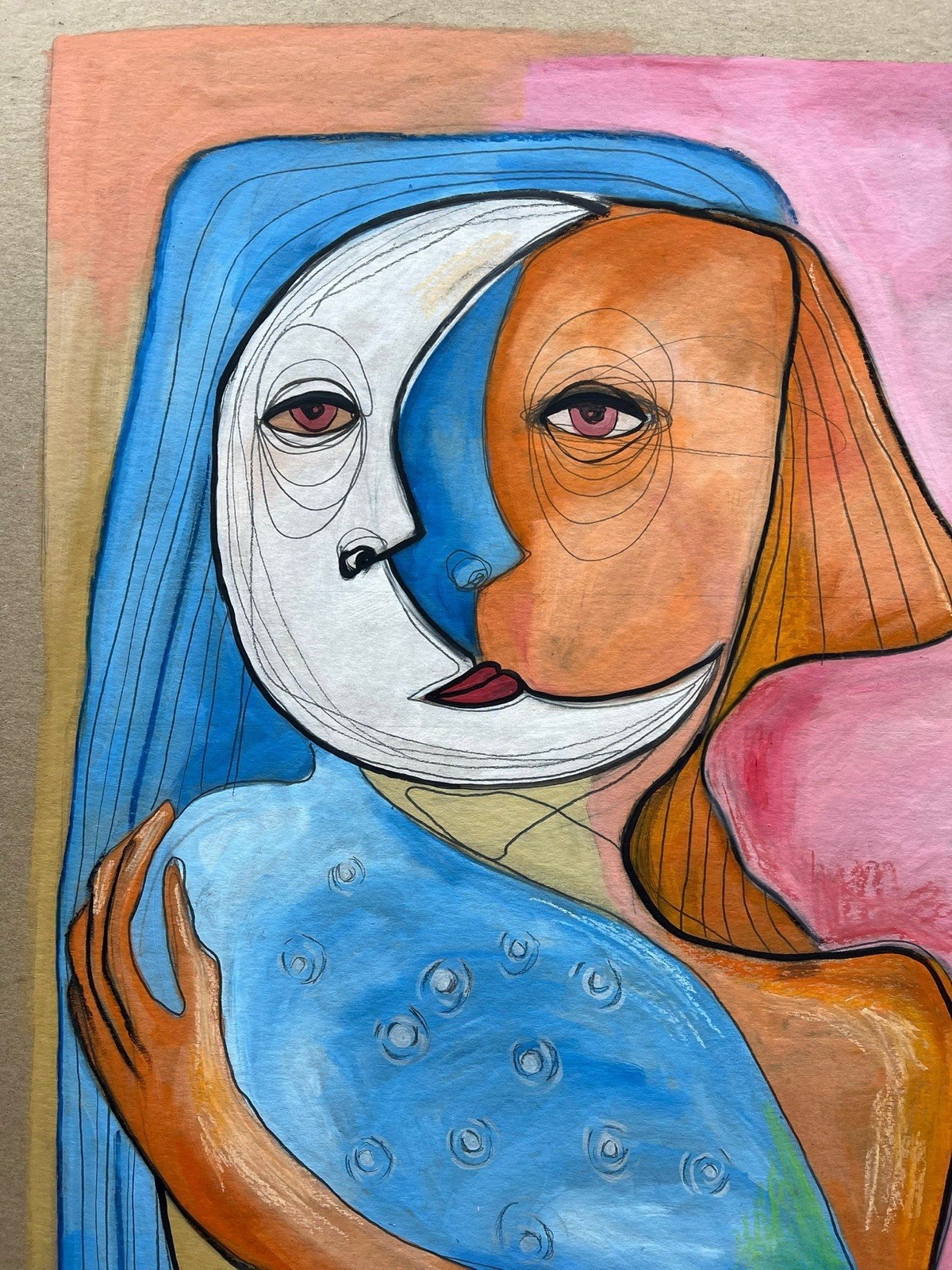 Original Abstract Cubist Painting – Oil, Graphite & Pastel on Board 23”x33”